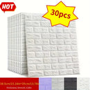 30 piezas de baldosas de espuma 3D tipo ladrillo DIY, autoadhesivas y fáciles de cortar, superficie texturizada para cocina, sala, baño o pasillo - 35 cm x 38 cm, blanco con detalles en gris y morado, diseño grueso y duradero
