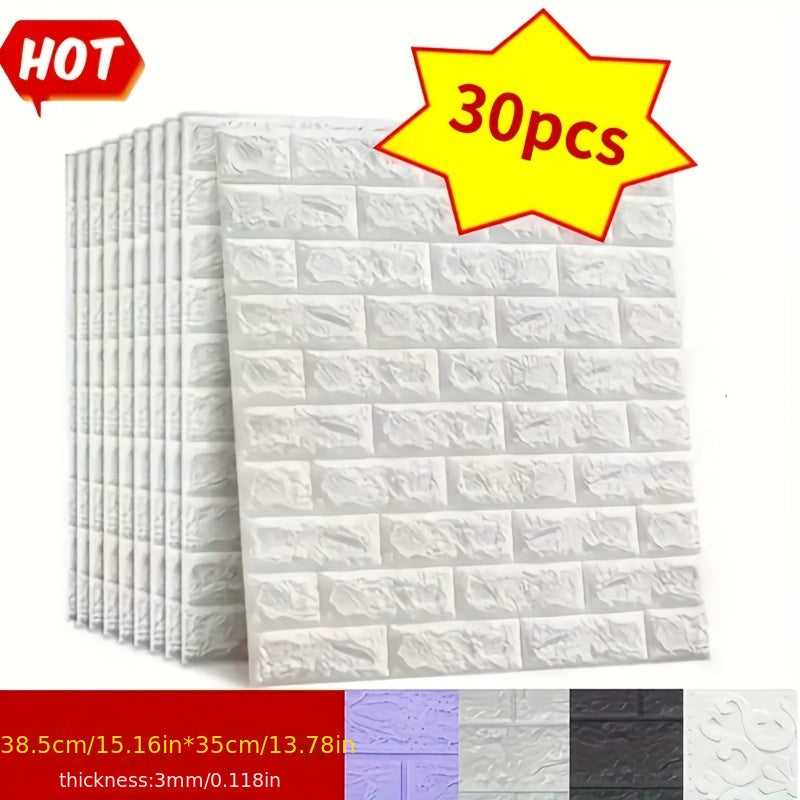 30 piezas de baldosas de espuma 3D tipo ladrillo DIY, autoadhesivas y fáciles de cortar, superficie texturizada para cocina, sala, baño o pasillo - 35 cm x 38 cm, blanco con detalles en gris y morado, diseño grueso y duradero