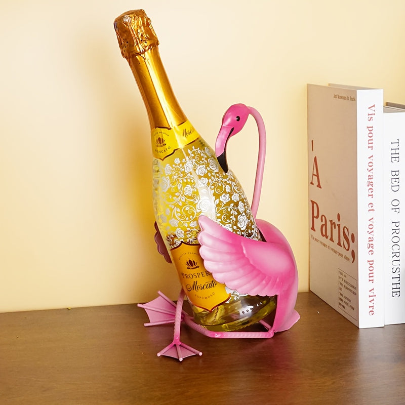 Soporte de vino de metal con forma de flamenco y soporte de vidrio - Creativo almacenamiento de botellas de vino rojo, diseño de ave divertido para decoración de escritorio, cocina y hogar, decoración única del hogar, diseño juguetón, construcción sólida.