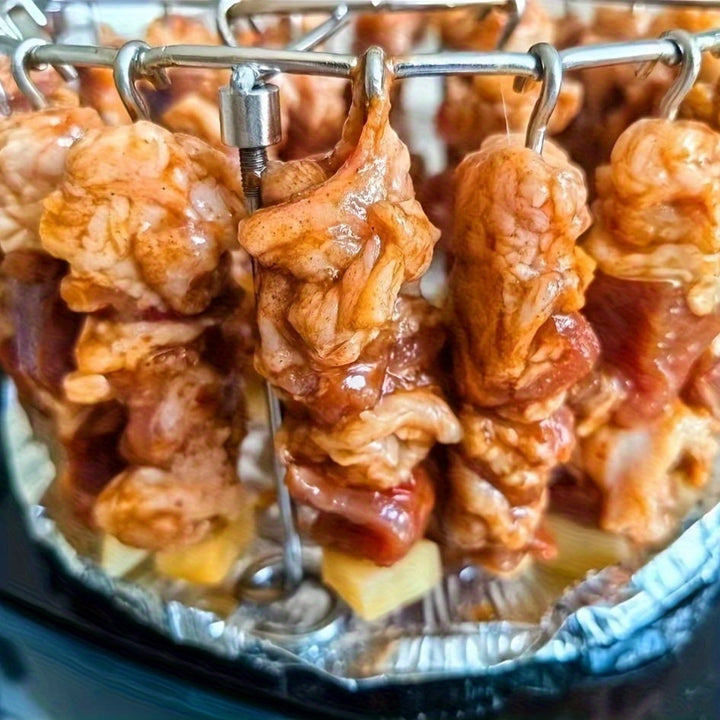 Parilla de Acero Inoxidable con 24 Pinchos para Barbacoa - Perfecta para Pollo, Carne y Verduras, Diseño Redondo Colgante para Distribución Uniforme del Calor, Sin Necesidad de Darle la Vuelta, Fácil de Limpiar, Ideal para Freidora o Horno, Herramienta d