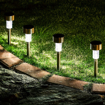 10/12 Paquete de luces solares para jardín al aire libre, luces LED de acero inoxidable para caminos, acento de cristal ABS, acabado pulido, foco solar de bajo consumo con batería de níquel de 40 mAh, montaje semi empotrado para patio, césped, pasarela,
