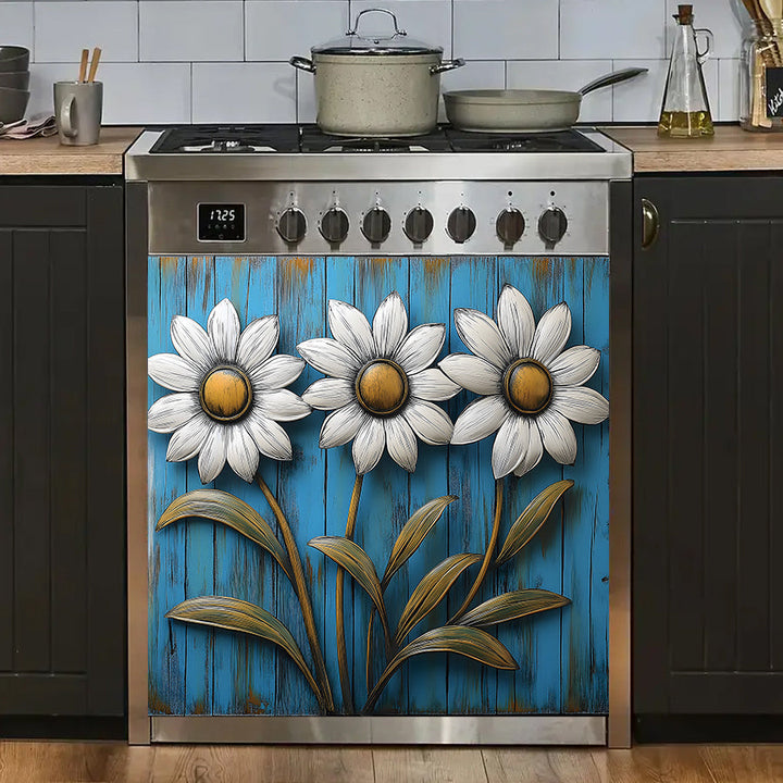 1pc Adhesivo Rústico de Margarita para Lavavajillas - Diseño de Campo de Margaritas en 3D, Pegatina Autoadhesiva de PVC para Armarios de Cocina, Puertas de Despensa y Horno - Decoración Hogareña Amigable para Inquilinos con Flores Blancas y Naranjas sobr