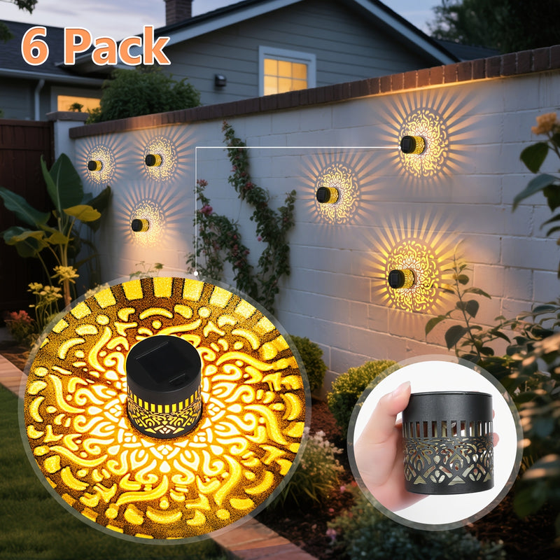 6 piezas de luces solares para exteriores, luces de pared, impermeables, de metal, adecuadas para exteriores de casas, luces redondas más brillantes para porches, iluminación exterior para granjas con automático desde el crepúsculo hasta el amanecer - Lu