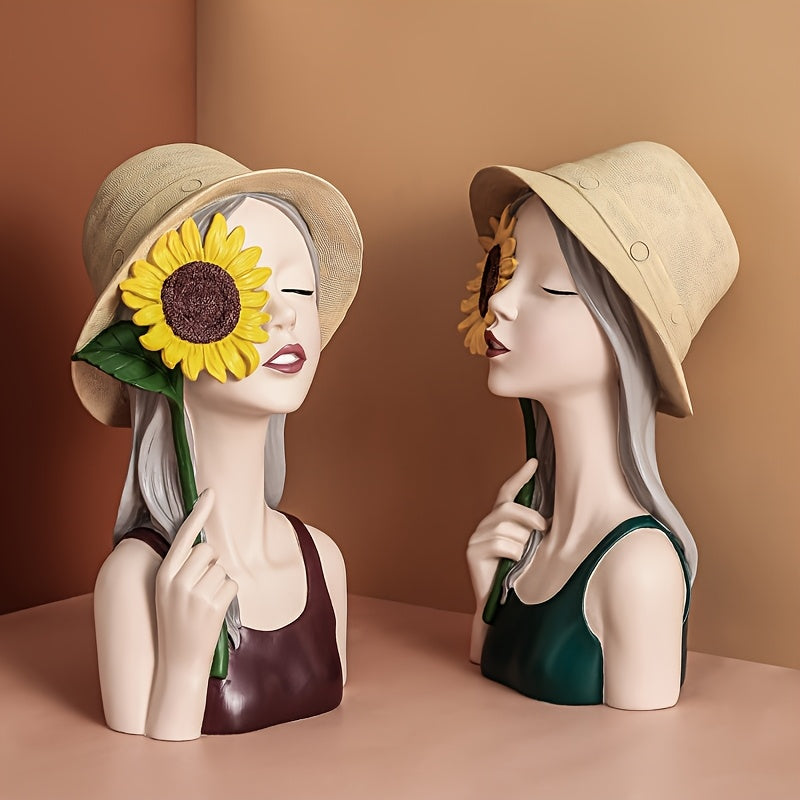 Moderna figura de girasol de resina de lujo para niña, decoración creativa de interiores para sala de estar, mueble de TV, mueble de vino, entrada - No necesita electricidad, elegante artesanía de adorno para el hogar