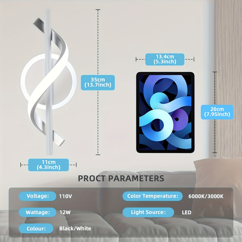 Arandela Espiral Moderna | Iluminación LED de 12W | Pantalla Acrílica en Blanco Frío y Negro | Montaje Semiempotrado | Ideal para Dormitorio, Escaleras, Sala o Pasillo | Incluye Herramientas de Instalación | Diseño Contemporáneo, Iluminación para Pasillo