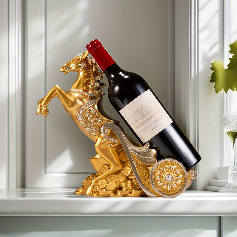 Elegante soporte de vino de caballo dorado - Decoración lujosa de resina para sala de estar, estante de TV o armario de vino | Ideal para decoración del hogar y regalos de inauguración, decoración de vino