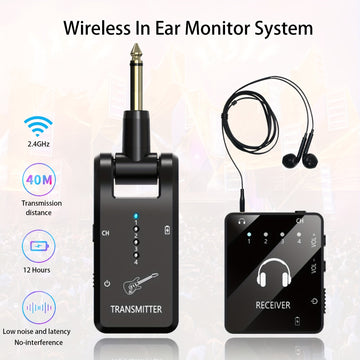 Sistema de monitorización inalámbrica en el oído, 2.4GHz IEM con transmisor y receptor de lavalier, carga USB, Plug and Play, bajo ruido, larga duración de la batería, para músicos, estudio, ensayo de banda, presentación en vivo - Resina ABS negra