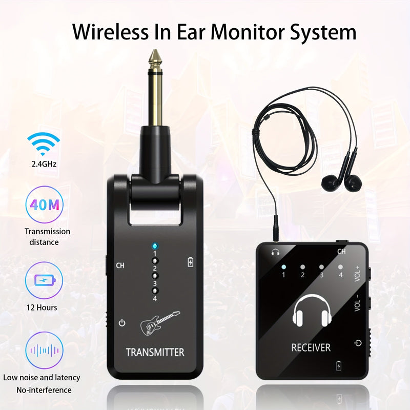 Sistema de monitorización inalámbrica en el oído, 2.4GHz IEM con transmisor y receptor de lavalier, carga USB, Plug and Play, bajo ruido, larga duración de la batería, para músicos, estudio, ensayo de banda, presentación en vivo - Resina ABS negra
