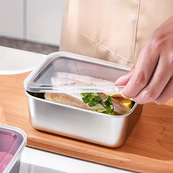 Juego de 3 Piezas de Recipientes para Almacenamiento de Alimentos de Acero Inoxidable con Tapas - Apto para Lavavajillas, Contenedores Cuadrados para Frutas y Verduras, Ideal para Organización en Nevera y Preparación de Comidas