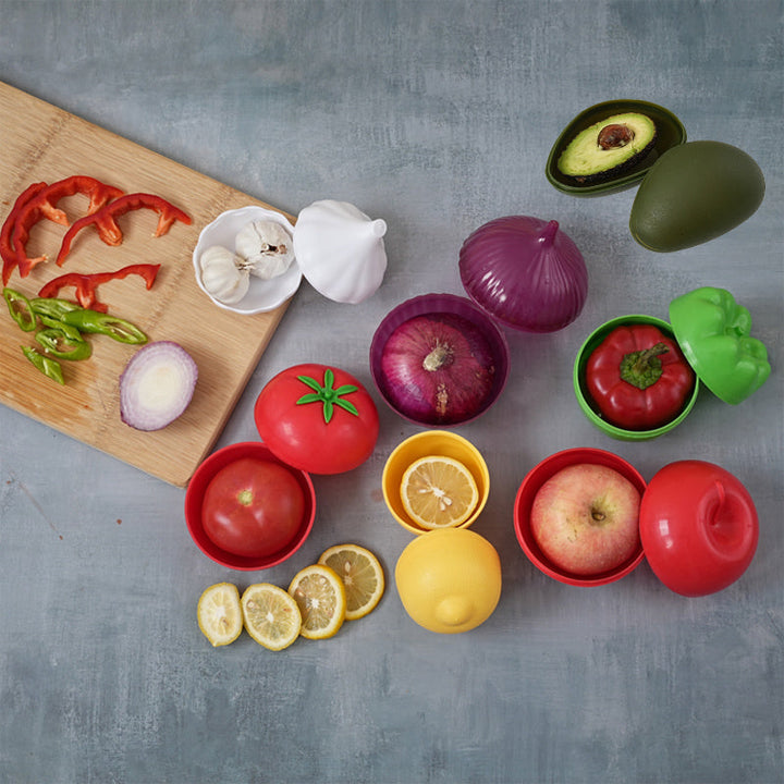 7 Piezas de Contenedores para Frutas y Verduras - Tapas Antiderrames, Recipientes Reutilizables para Refrigerador y Despensa, Lavado a Mano, Almacenamiento de Granos, Ajo, Utensilios Divertidos, Construcción Resistente, Organización de Cocina