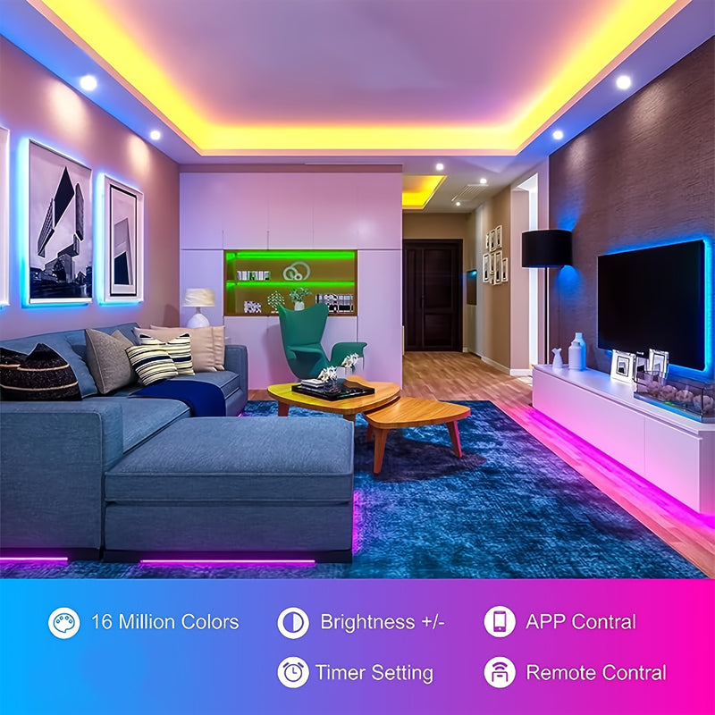 Tira de luces LED RGB inteligente para habitación, 3-100 pies para interiores con control remoto de 44 teclas, sincronización con música, temporizador y control por app, múltiples modos de iluminación para sala de música, sala de estar, Halloween, bodas