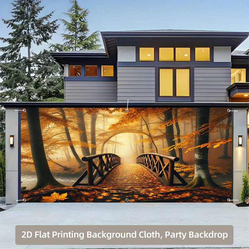 1pc Pancarta Extra Grande Puente del Bosque de Otoño - Decoración Dorada con Hojas, Fondo para Fiesta (398.78x180.34 cm) - Cubierta Lavable y Reutilizable para Garaje en Poliéster, Decoraciones para Cumpleaños/Gracias/Halloween - Banderín Colgante sin Ne