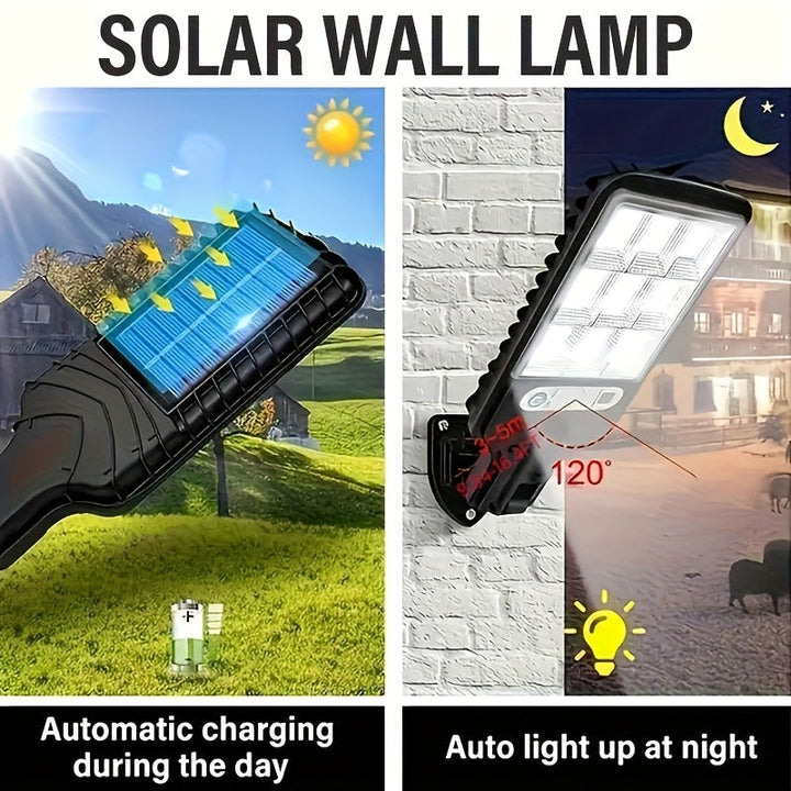 4 luces solares para pared LihangStar 108COB con sensor, 3 modos y control remoto, acabado en plástico y metal resistente, ideales para jardín, patio, pasillos, iluminación de calles, luz exterior para pared | Iluminación exterior moderna | Lámpara resis