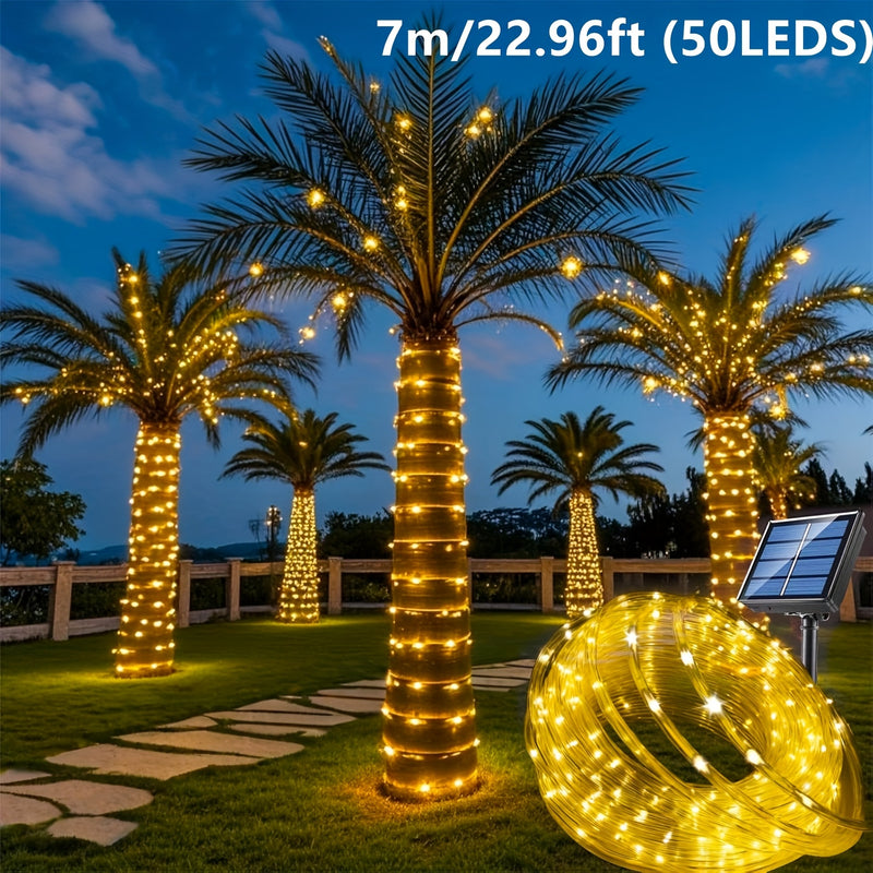 Luces solares LED para exteriores, 50/100/200 LED, luces de cuerda, luces de cinta, luces de tubo solar LED, 8 modos, tubo delgado transparente, luces de hadas, ideales para decoración de campamentos, fiestas, bodas, cercas, jardines, trampolines, carpas