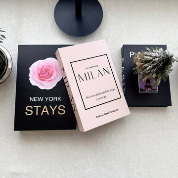 3 libros decorativos de lujo - "Nueva York se queda" con diseño de rosa, "Milán" libro de moda y "París" guía de viajes - Ideal para decoración de hogar, oficina o café, decoración de oficina | Exhibición de libros elegantes | Estilo Art Deco