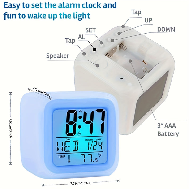 Reloj despertador digital LED de 7 colores YIYONKJ con pantalla de temperatura - Diseño cuadrado silencioso y que brilla en la oscuridad, muestra fecha y hora, alimentado por batería AAA (no incluida), ideal para dormitorio y oficina.