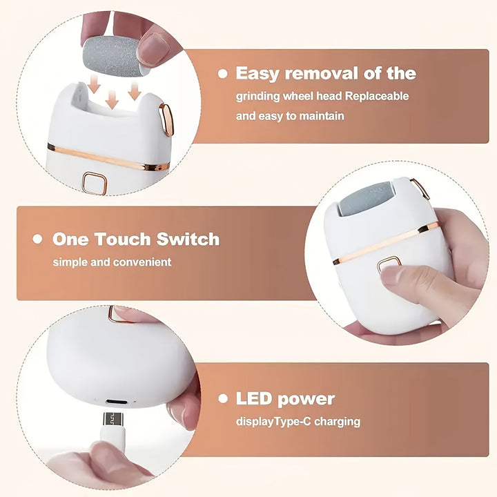 Lijadora eléctrica FEIYBA con 2 cabezales de lijado - Cargador USB, removida y luz muerta beige, diseño ergonómico para uso doméstico, herramienta de belleza para pies viajera para adultos y familia, removida de pies, rutina de cuidado de la piel, diseño