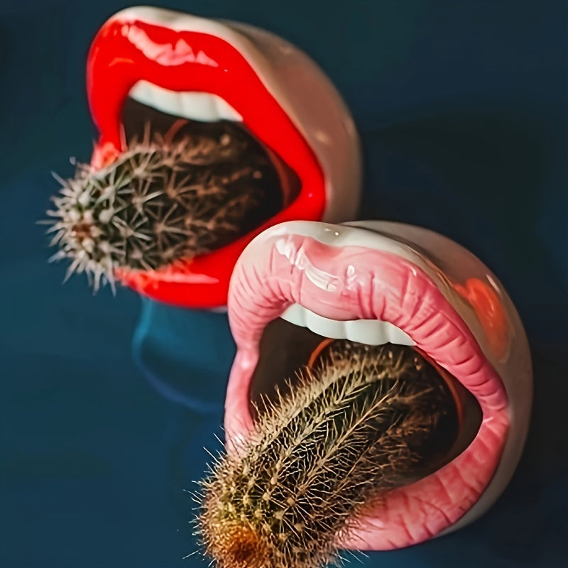 1 maceta con forma de labios de resina, estilo contemporáneo, multifuncional, decorativa para sala de estar, pieza de arte con diseño de labios, maceta liviana para interiores y exteriores