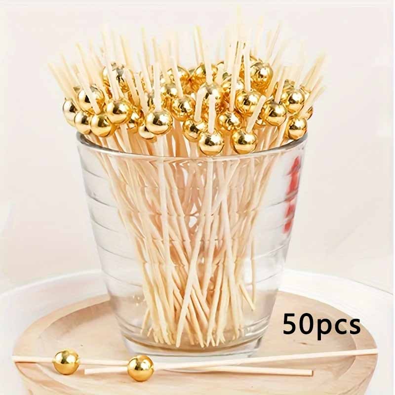 50pcs/30pcs Palillos de Bambú para Cócteles con Perlas Doradas - Brochetas Elegantes para Fruta, Pastel, Aperitivos y Snacks - Ideales para Cumpleaños, Graduación, Aniversario y Decoraciones de Fiestas Festivas