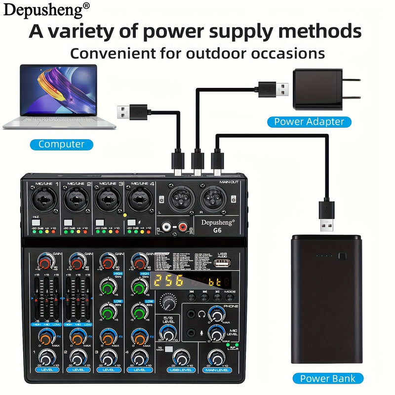 Consola de mezcla portátil G6 de DEPUSHENG, alimentada por USB, con 6 canales USB, controlador de sonido DJ con pantalla LCD, diseño compacto para grabación de PC, transmisión y uso en vivo, sistema de mezcla, apariencia simplificada, construcción de ale