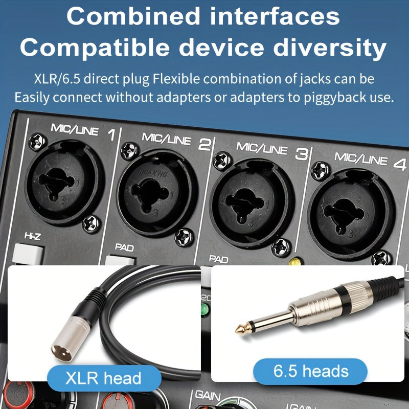 tyinneran Mezclador de audio inalámbrico profesional de 6 canales USB, reverberación de 256 ohmios, alimentación fantasma de 48V, bajo profundo, sonido de alta fidelidad, con control de tempo integrado y control de reproducción para grabación de estudio