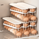 Contenedor de huevos automático de doble capa deslizable para 12-14 huevos, diseño con bisagra, conservador de huevos frescos, material plástico, sin contacto con alimentos, con organizador de huevos para refrigerador que ahorra espacio en la cocina