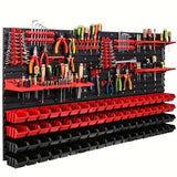 Estante organizador de herramientas montado en pared, resistente - Rack de almacenamiento multicompartimento con estantes plásticos rojos y negros, tableros colgantes y ganchos para garaje, taller - Organización de taller duradera y ahorradora de espacio