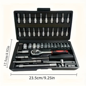 Juego de herramientas mecánicas para autos, 46 piezas, multifuncional con juegos de dados, llaves y trinquete, caja de herramientas resistente de metal con estuche de almacenamiento