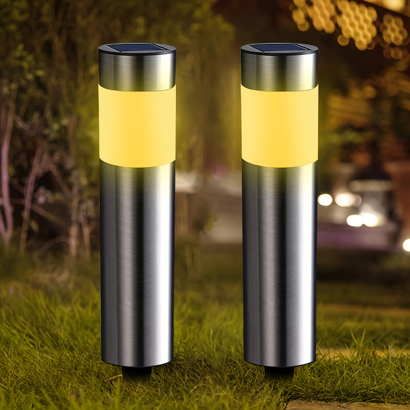 2 Luces Solares LED Modernas de Acero Inoxidable para Exteriores - Para Jardín, Camino, Césped, Patio, Iluminación de Bolardo