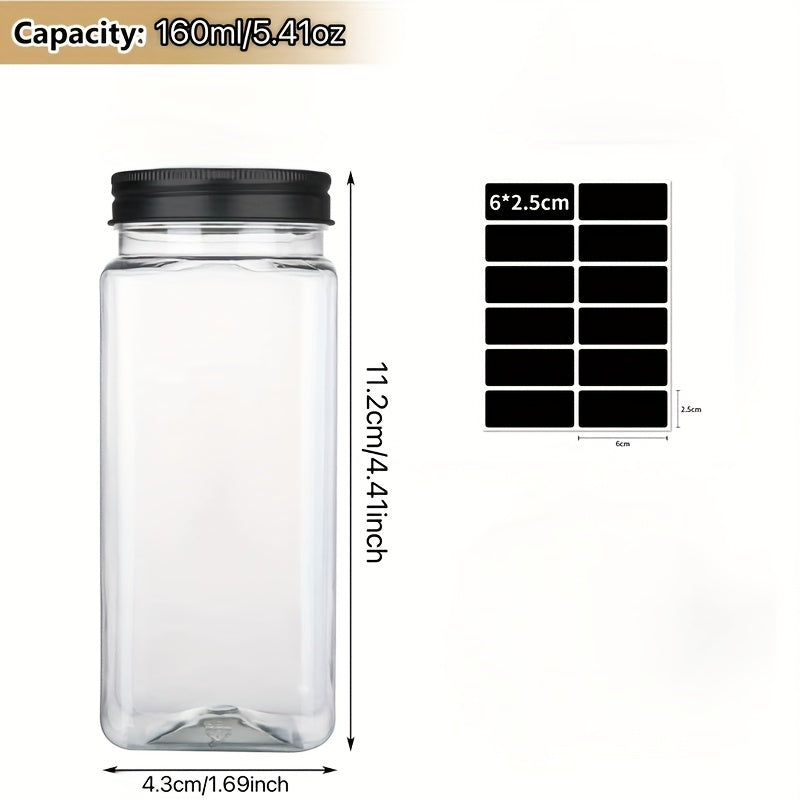 12/24 Paquete de Tarros de Plástico para Especias, 5.6 oz (Aproximadamente 160 g), Contenedores Cuadrados con Saleros y Pimenteros Reutilizables, Incluye Tapas Selladas, Etiquetas y Bolígrafos, Ideales para Especias, Hierbas, Polvos y Purpurina