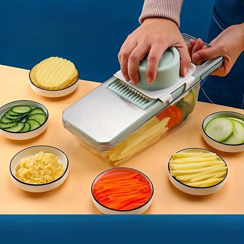 Juego de 7 piezas de cortador y rallador de verduras de acero inoxidable multifuncional, con cuchillas intercambiables, herramienta manual de cocina para patatas, zanahorias y pepinos.