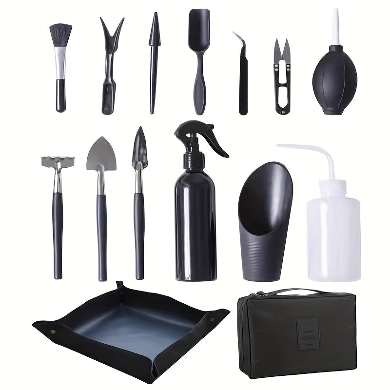 Juego de Herramientas de Jardinería Mini de 15 Piezas para Suculentas y Plantas Pequeñas - Kit Duradero de Plástico/Metal Negro con Mangos, Incluye Paleta, Pala, Botella de Spray y Más - Perfecto para el Cuidado de Plantas de Interior y Micro Paisaje, He