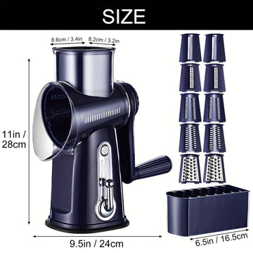 5 en 1, rallador de queso y cuchilla de verduras con mano de viento, cuchillas intercambiables de acero inoxidable, base de succión fuerte, fácil de limpiar, regalo ideal para la cocina, azul marino