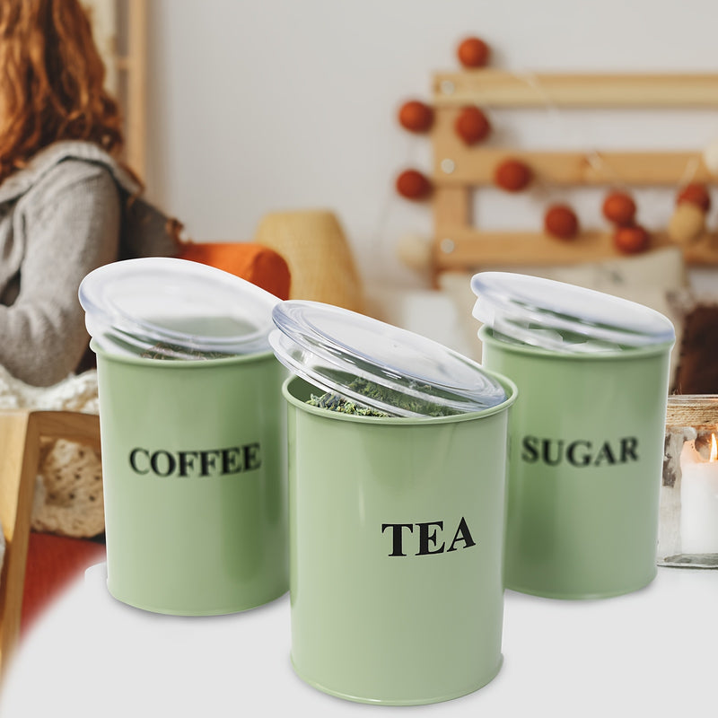 Juego de 3 Tarros para Azúcar, Café y Té, Almacén de Alimentos de Metal Hermético, Tarros de Cocina con Bandeja, Verde