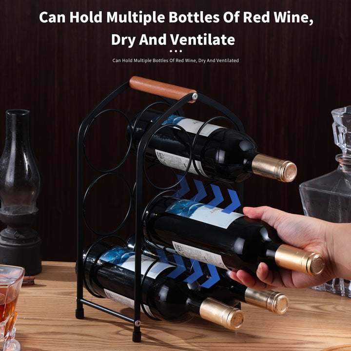 1pc Estante de vino metálico apilable con asa de madera, capacidad para hasta 6 botellas, almacenamiento duradero para barra de hogar y mostrador de cocina