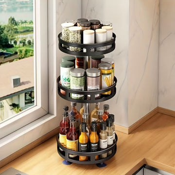 Estante de especias giratorio de 3 capas - Organizador de cocina de metal para especias, hierbas y condimentos, diseño que ahorra espacio con estantes de almacenamiento escalonados, ideal para cocinas, baños y salas de estar, solución de almacenamiento d