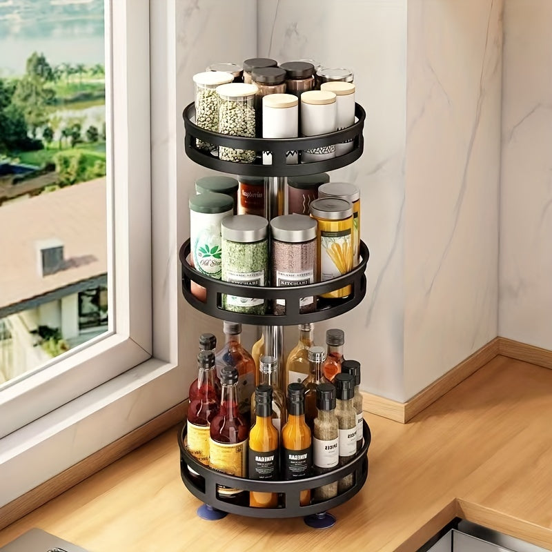 Estante de especias giratorio de 3 capas - Organizador de cocina de metal para especias, hierbas y condimentos, diseño que ahorra espacio con estantes de almacenamiento escalonados, ideal para cocinas, baños y salas de estar, solución de almacenamiento d