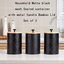 Conjunto de 3 piezas de tarro metálico negro sellado, Contenedor de almacenamiento de malla circular con tapa de bambú sellada para encimera de cocina, Adecuado para almacenar granos de café, té, dulces y cereales - Reutilizable