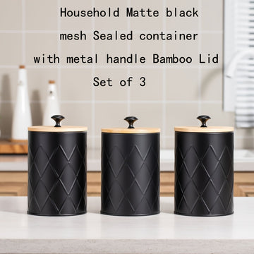 Conjunto de 3 piezas de tarro metálico negro sellado, Contenedor de almacenamiento de malla circular con tapa de bambú sellada para encimera de cocina, Adecuado para almacenar granos de café, té, dulces y cereales - Reutilizable