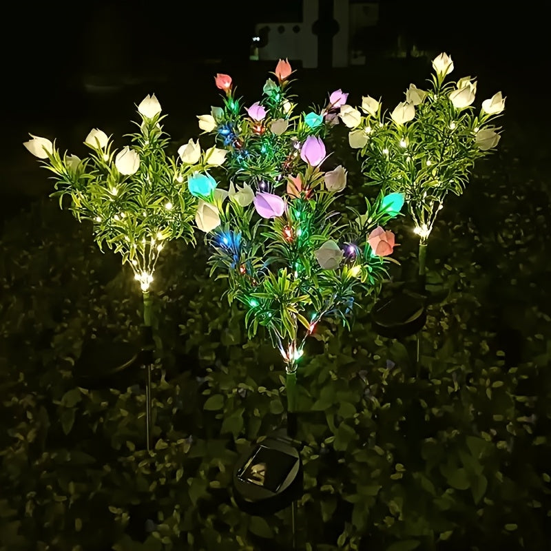 Iluminación de jardinería de arbusto de flores alimentado por energía solar, material de plástico, montaje de estaca, tema de flores, batería de níquel de 600Mah, sin control remoto, no extraíble, impermeable IP44