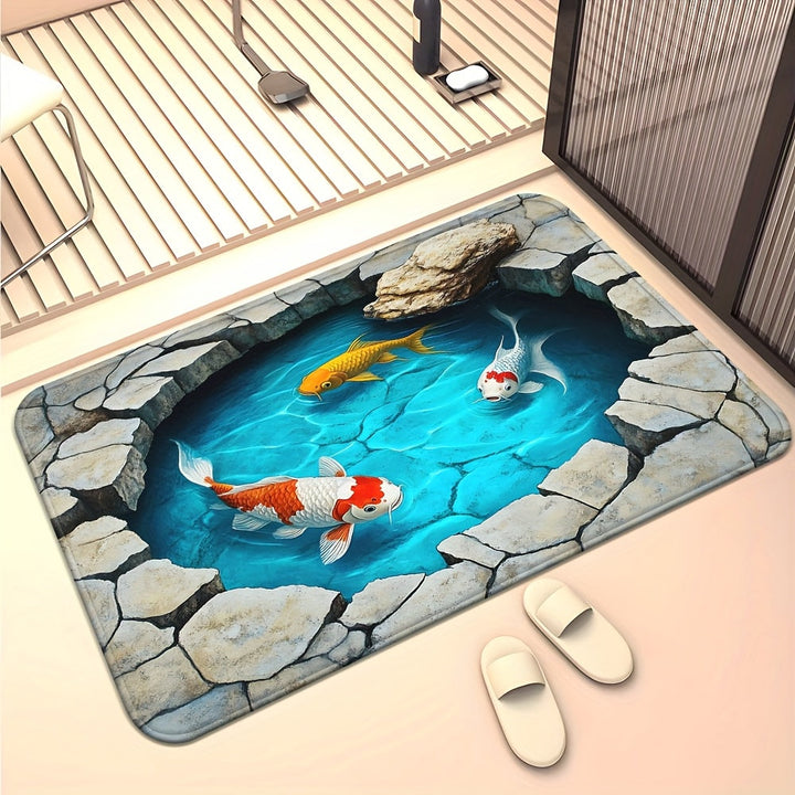 Alfombra de Entrada 2D Ilusión Estanque de Koi - Diseño Vibrante con Peces Koi y Plantas Acuáticas, Antideslizante Lavable a Máquina en Poliéster, Decoración para Baño, Dormitorio o Sala, Accesorios Serenos para Suelo, Plano 2D