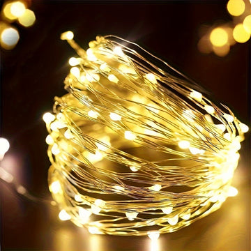 1pc Luces de cuerda LED para fiestas de cumpleaños, cable de cobre de hadas, ajuste de 3 niveles de brillo, operado por batería de botón no recargable incluida, control de interruptor, luz amarilla, sin control remoto