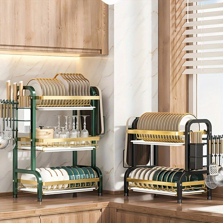 Estantería de Cocina de 3 Niveles en Acero Inoxidable con Sistema de Drenaje, Organizador Multifuncional para Tazones y Utensilios, Gran Capacidad y Diseño Ahorrador de Espacio Apto para Platos y Tablas de Cortar