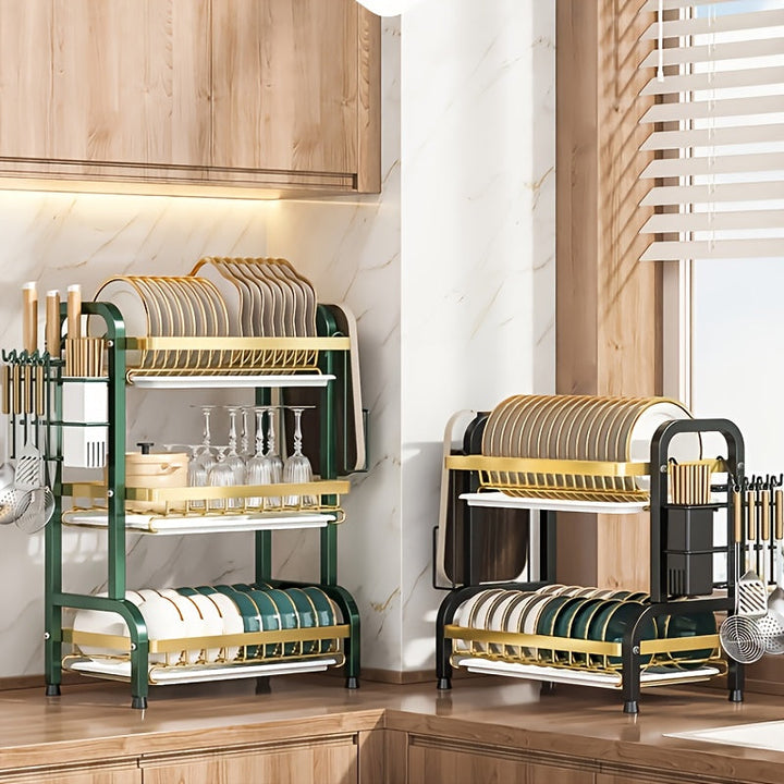 Estante de cocina de acero inoxidable de tres niveles con sistema de drenaje - Soporte de almacenamiento multifuncional para tazas y platos, diseño de gran capacidad que ahorra espacio adecuado para tazas, platos y tablas de cortar.