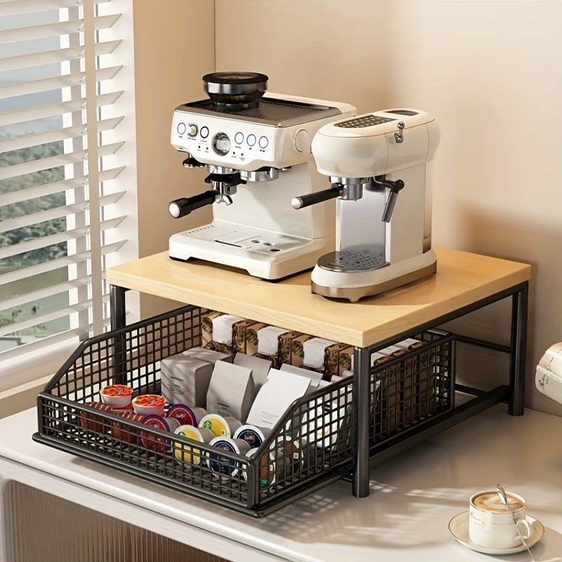 Estantería Moderna para Microondas con Cajón(es) - Estructura Robusta de Madera y Metal, Organizador de Encimera Ahorrador de Espacio para Electrodomésticos, Utensilios, Platos y Más - Solución de Almacenamiento Estilo y Durabilidad sin Necesidad de Elec