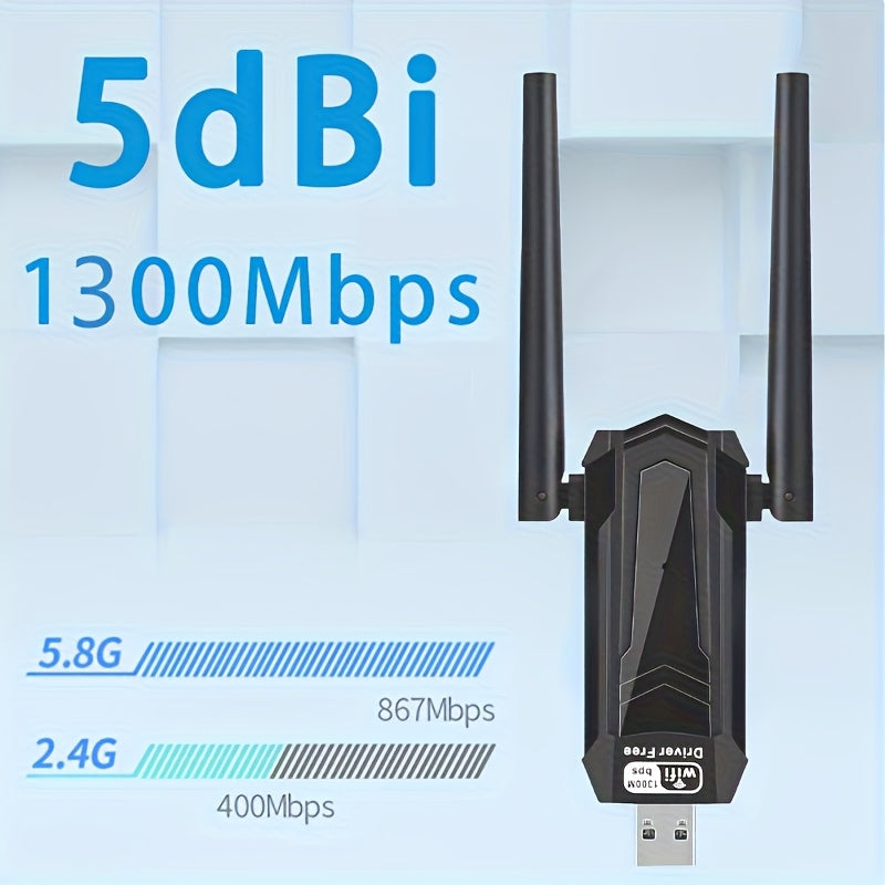 Adaptador WiFi USB inalámbrico de 1300Mbps con antena de doble banda de alta ganancia integrada de 5dBi, adaptador de red inalámbrica de 5,8G/2,4G para Windows 7/8.1/10/11, Plug and Play, funcionalidad de WiFi instantáneo y punto de acceso móvil.