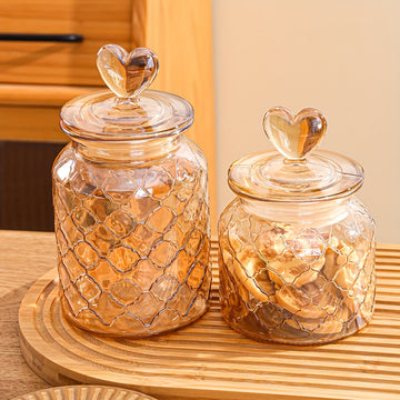Encantador Tarro de Galletas de Vidrio Ámbar con Tapa de Corazón - Contenedor de Almacenamiento Reutilizable y Sellable para Galletas y Dulces, Perfecto para la Organización de la Cocina