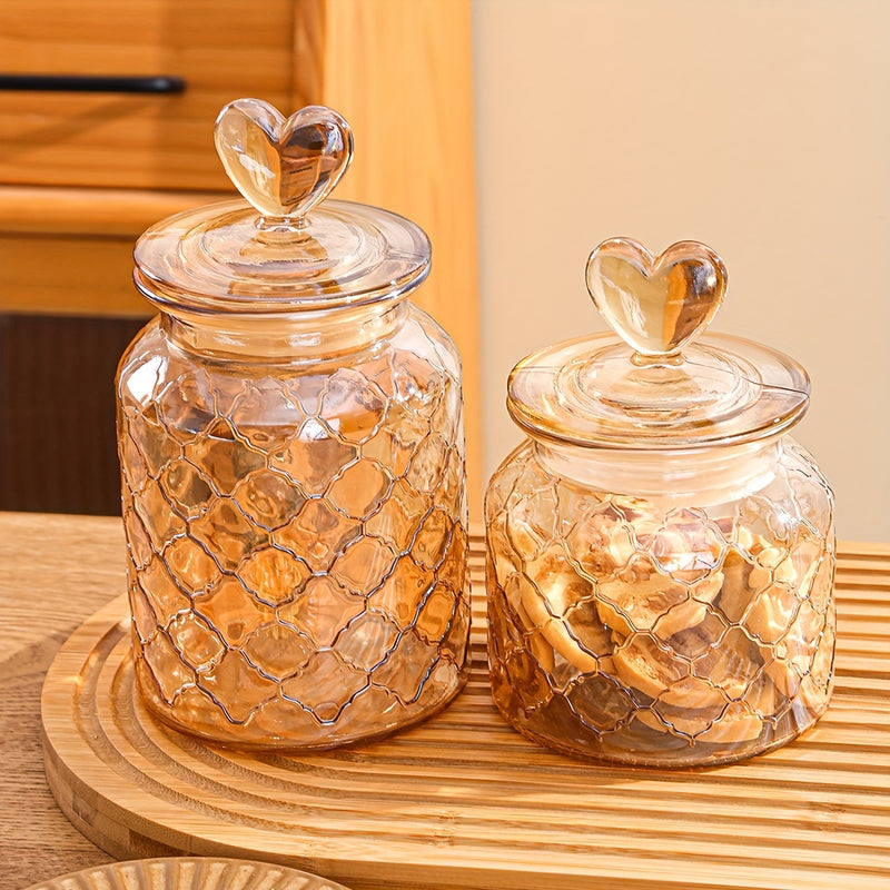 Encantador Tarro de Galletas de Vidrio Ámbar con Tapa de Corazón - Contenedor de Almacenamiento Reutilizable y Sellable para Galletas y Dulces, Perfecto para la Organización de la Cocina