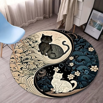 Tapete redondo con diseño de gatos yin yang - Felpa de cristal suave, lavable a máquina, poliéster, para uso en interiores, decoración de sala y dormitorio, temática festiva