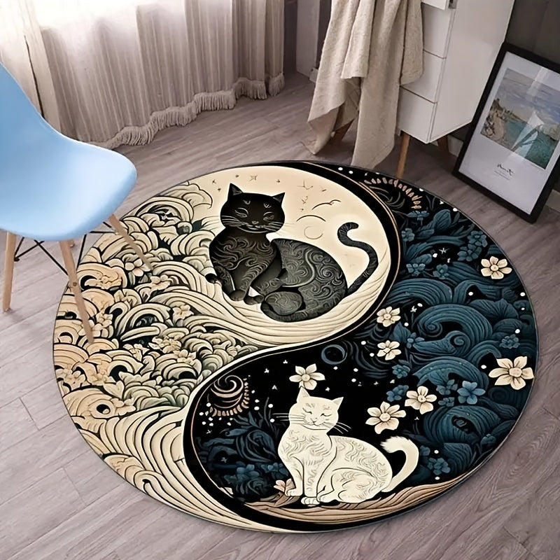 Tapete redondo con diseño de gatos yin yang - Felpa de cristal suave, lavable a máquina, poliéster, para uso en interiores, decoración de sala y dormitorio, temática festiva